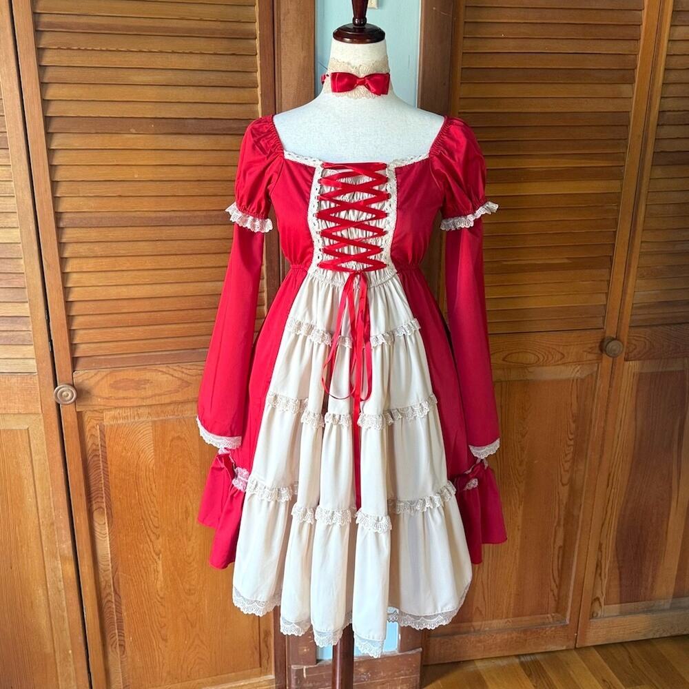 Bodyline ELG Lolita Kawaii Dollcore Red Beige Transformer Lace-Up Dress M
